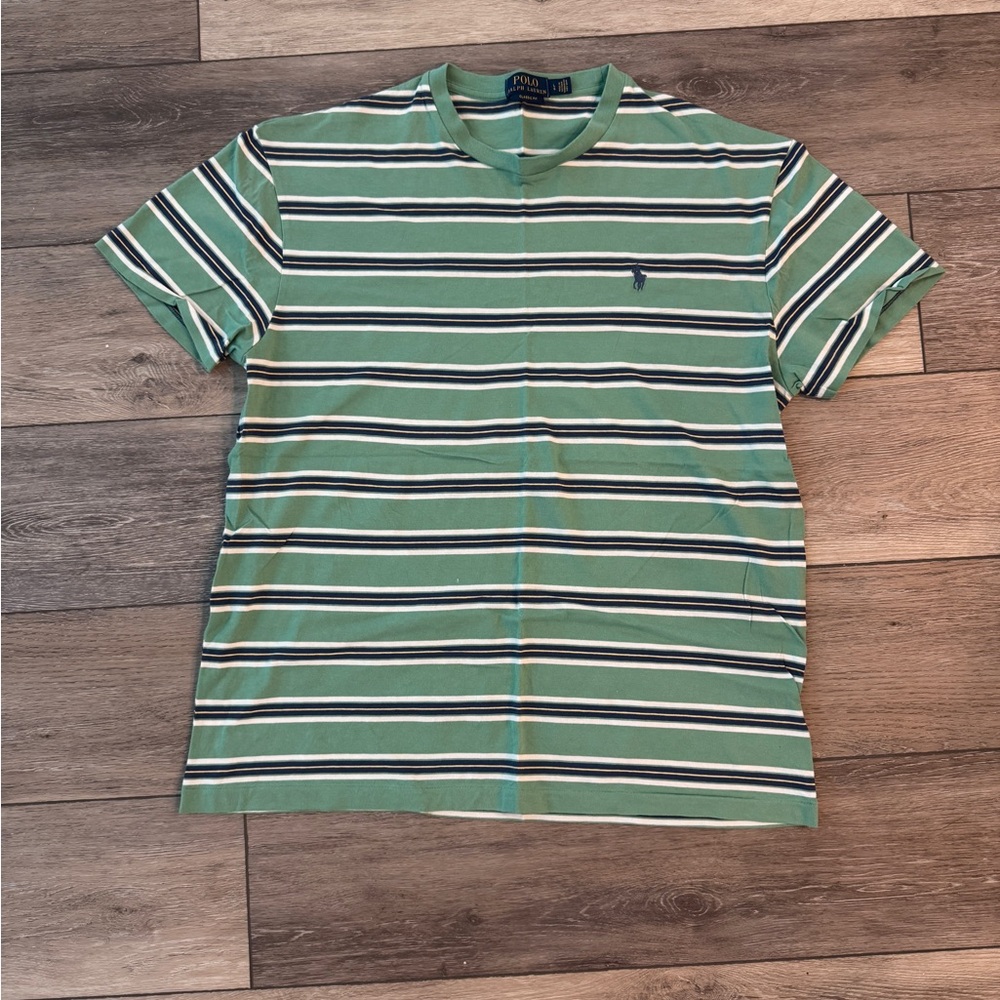 Polo by Ralph Lauren Men's Green and White Striped Tee